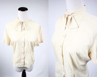 1940's Ivory Silk Button-up Blouse w/ Neck-tie