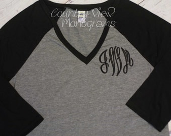 Womens Raglan Baseball Monogram Shirt--Womens Sizes Three Quarter Sleeve Length Baseball Monogram