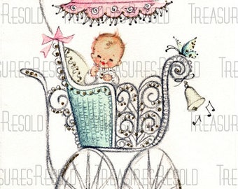 Congratulations New Baby Girl In Buggy Carriage Stroller Card #630 Digital Download