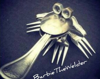 Frog silverware sculpture welded metal art animal statue garden