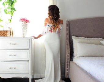 Maternity Gown fitted white maternity dress baby shower photography - the floral LOVE flounce- limited