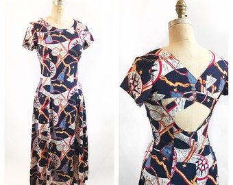 Flirty nautical midi summer dress with criss cross back. Size S.