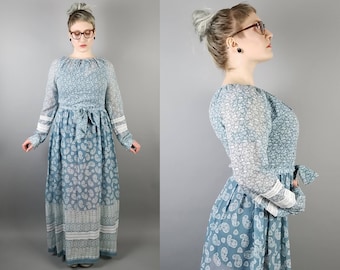 70s Gauze Maxi Dress Long Sleeve, Sheer Peasant Dress 1970s, Vintage Prairie Dress 70s, Calico Print Hippie Dress Gunne Sax Style Bleeker St