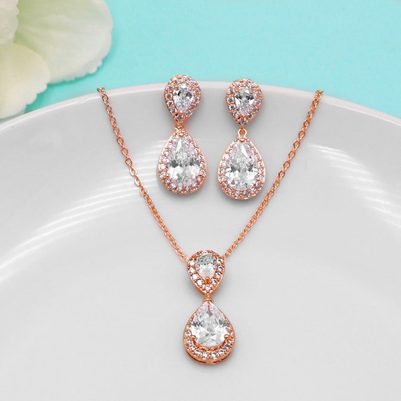 Rose Gold Jewelry Set Cz Wedding Necklace Set Bridal