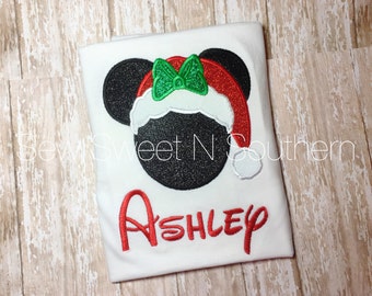 Santa Minnie Mouse embroidered shirt, Disney vacation shirts, MVMCP shirt, Christmas disney shirt. Glitter mouse appliqued shirt.