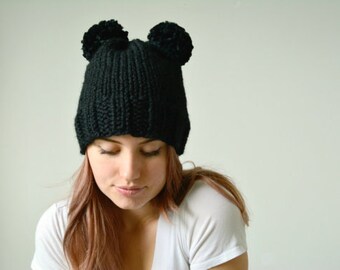 Chunky Knit Hat, Knit Beanie, Knit Hat, Double Pom Pom Beanie\Mouse Ear Hat\Bear Ears Beanie \THE KURUK\ Black