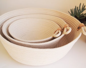 Beautiful Natural Cotton Rope Basket // Handmade in Paris // Basket with Leather Detail // Storage Basket // Three Sizes // Gift Idea