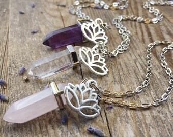 Lotus Crystal Necklace Amethyst Necklace Rose Quartz Girlfriend Gift for Her Crystal Healing Crystals and Stones Layering Bohemian Pendant