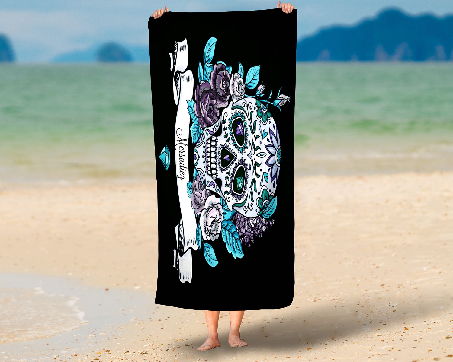 Personalized Sugar Skull Beach Towel Oversized 36 in x 72