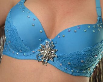 36C Irridescent AB Blue Rhinestoned Burleque Multi-Way Bra
