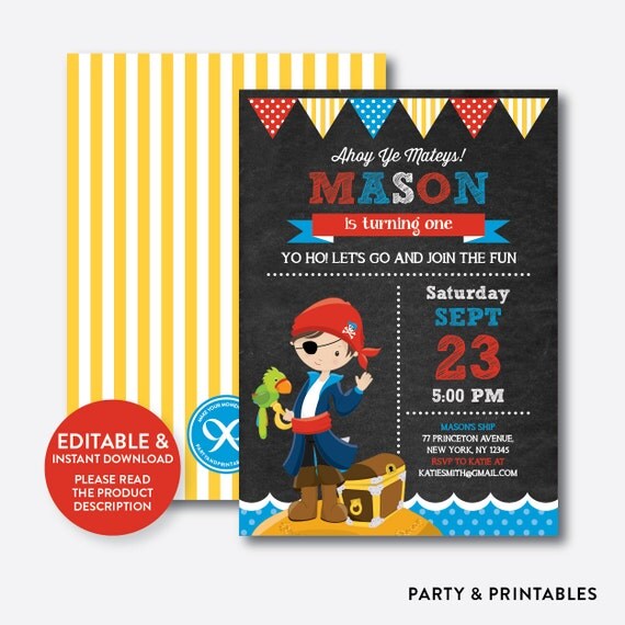 Instant Download, Editable Pirate Birthday Invitation, Pirate Invitation, Pirate Party Invitation, Pirate Boy Invitation,Chalkboard(CKB.47C) Il_570xn