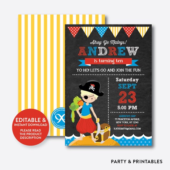 Instant Download, Editable Pirate Birthday Invitation, Pirate Invitation, Pirate Party Invitation, Pirate Boy Invitation,Chalkboard(CKB.50B) Il_570xn