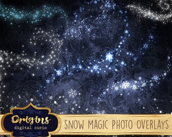 Snow Magic Photo Overlays, frozen magic, snowflake clipart, winter Christmas snow clip art photography PNG overlay graphics