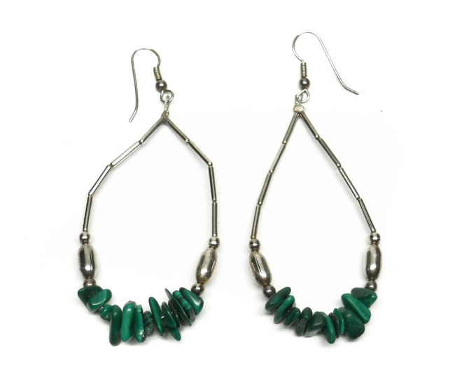 Storewide 25% Off SALE Vintage Sterling Silver Plated Malachite Designer Hoop Chandelier Earrings Featuring Green Stone Beaded Accents