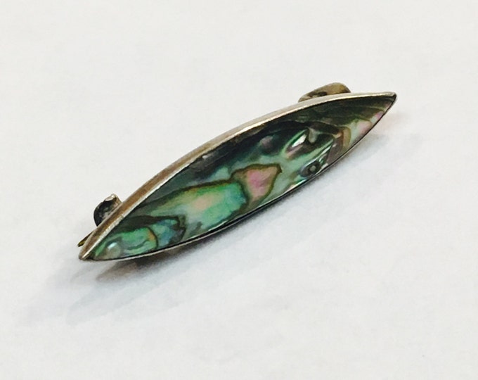 Storewide 25% Off SALE Vintage Sterling Silver Abalone Inlaid Designer Elongated Brooch Pin Featuring Elegant Finishing