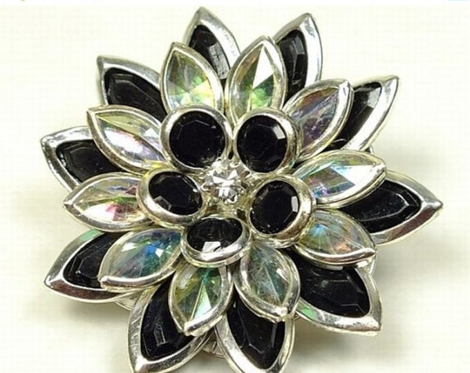 Storewide 25% Off SALE Gorgeous vintage rhinestone flower brooch with a dimensional design in black, aurora borealis and clear rhinestones s