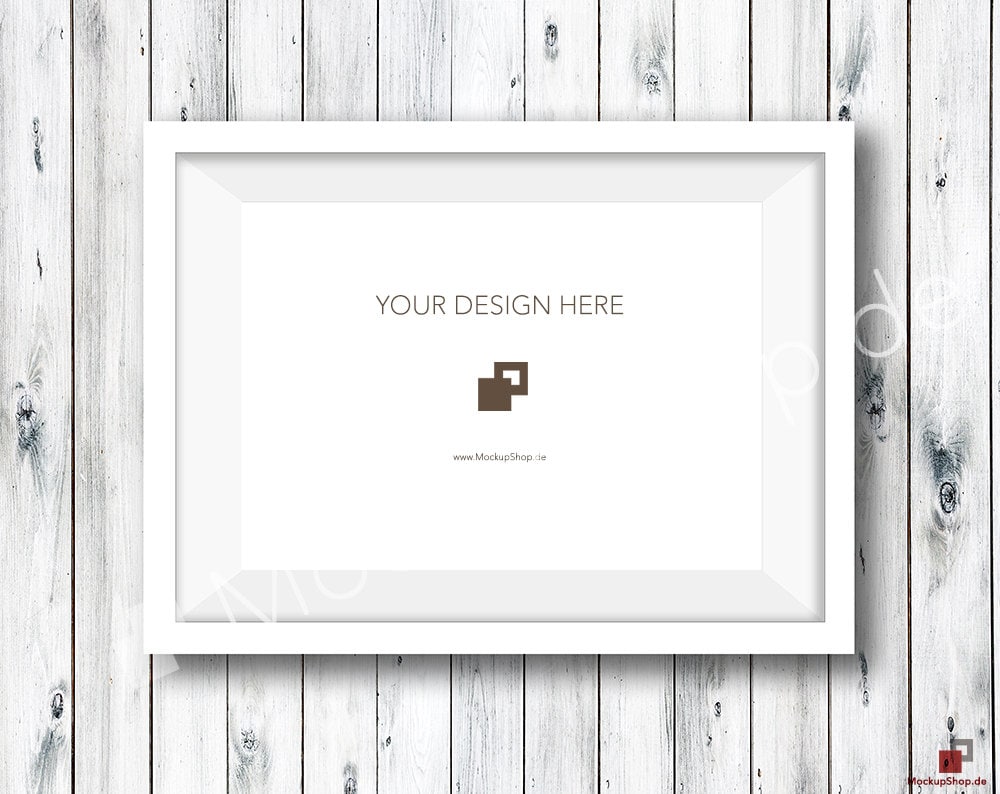 Din A4 WHITE FRAME MOCKUP / landscape / Old White Wooden Wall