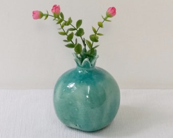 Ceramic vase, Small turquoise vase, Bud vase Home decor vase Home decor pomegranate Pomegranate decor Gift for her Flower vase Gift under 30