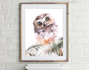 Owl Fine Art Print, Watercolor Painting of Owl, Bird Painting, Cute Owl, Nursery Wall Art