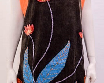 Funky Boho Patchwork Razor Cut Handkerchief Hem Sleeveless Tunic Dress Black Size 16 18