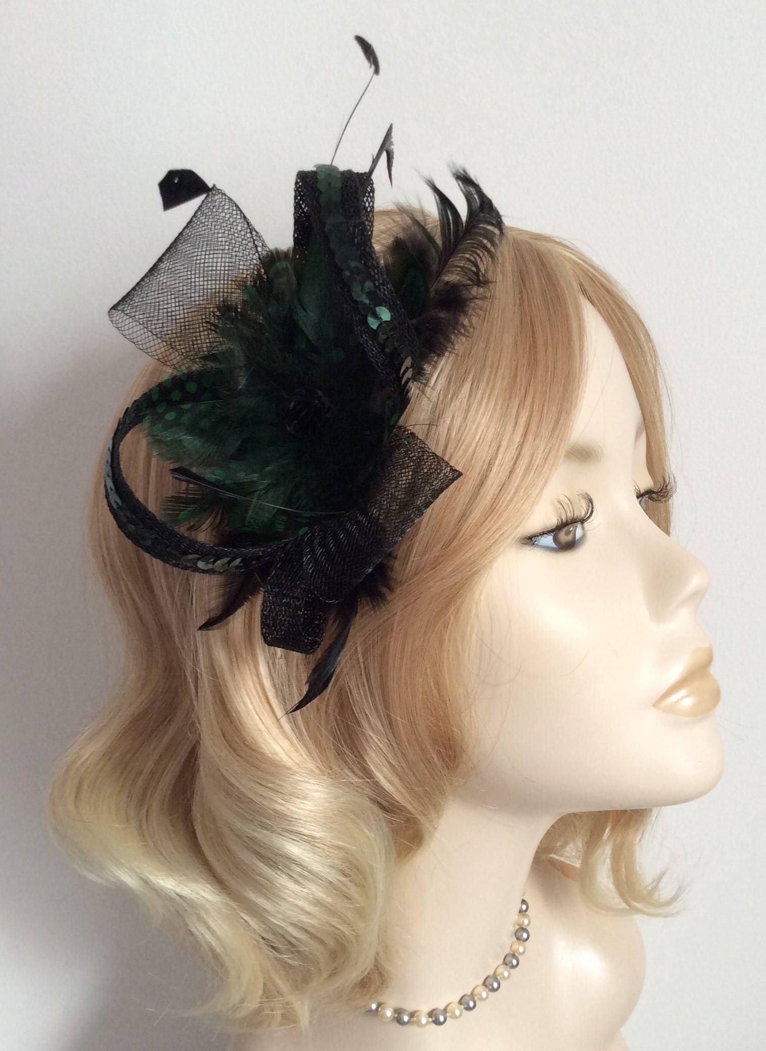 FOREST GREEN and BLACK Fascinator Made with Sinamay and crin