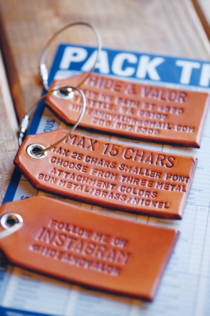 Custom Leather Luggage Tag w/ Nickel Metal by HideAndValor on Etsy