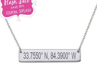 Personalized Coordinate Necklace Sterling Silver Latitude & Longitude Necklace Silver Bar Necklace Custom Coordinate Necklace