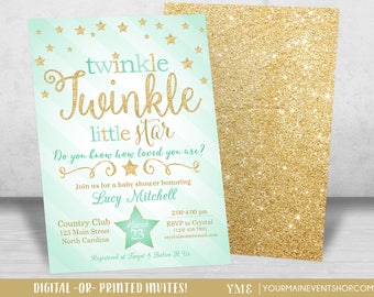 Twinkle Twinkle Little Star Baby Shower Invitation, Twinkle Twinkle Shower Invitation, Mint and Gold Star Invitation, Neutral Baby Shower