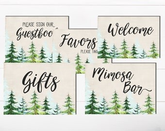 SALE Welcome Favors Guestbook Woodland Forest Trees Baby shower Bridal Shower Woodland Trees Pine Trees sign Birthday Forest Sign