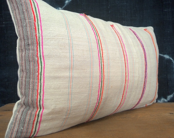 12"x 20" White and Stripes Ethnic Hmong Hand Woven Lumbar Pillow Cover, Vintage Hill Tribal Textile Pillow Case, Bohemian Throw Pillow