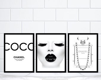 Set of 3 Coco Chanel Black Lips Chanel Perfume Bottle Black Lady Art Print Poster Prints