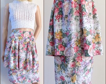 Pink floral peplum skirt Rene Derhy pretty pink roses summer skirt with peplum size medium