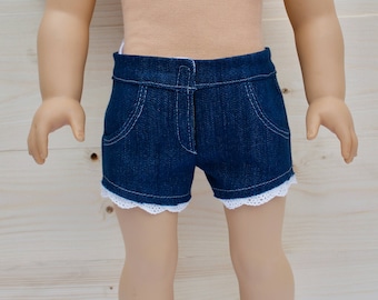 18 inch doll clothes AG doll clothes Designer denim shorts with lace hem made to fit like American Girl doll clothes