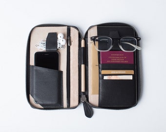 LEATHER TRAVEL WALLET (xs) (black) passport holder folio portfolio zip closure secure document organiser real genuine