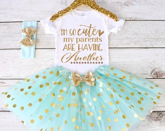 I'm So Cute My Parents Are Having Another. Pregnancy Announcement Shirt. Promoted to Big. Big Sister Shirt. S22 PGA (AQUA)