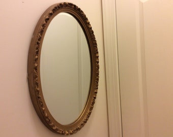 Vintage Large Syroco Gold Oval Hollywood Regency Mirror, Shabby Chic Gold Rose Wall Mirror