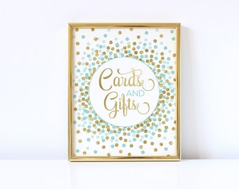 Cards And Gifts Sign Printable Baby Shower Sign Gift Table Sign Blue And Gold Confetti Birthday Party Decorations Wedding Sign Bridal Shower