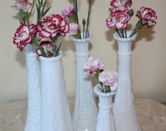 Wedding Decor: Vintage Milk Glass Bud Vases, Centerpieces, DIY, 5-Piece Set