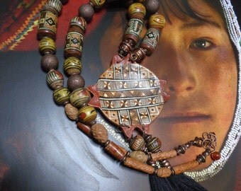 Ethnic necklace Peru, Peruvian ceramic and Terra cotta old, copper and copper metal.