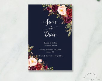 Navy Floral Save The Date card, Bohemian Wedding Save the Dates, Wedding Announcement, Marsala Burgundy Blush Peach, Post Card back - Kacey