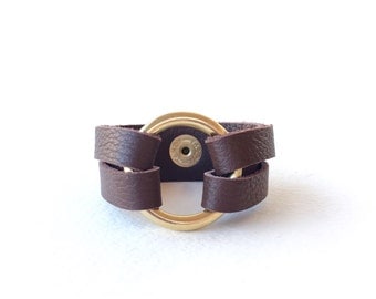 Brown Leather Wrap Bracelet, Leather Wrap Cuff Bracelet, Womens Leather Bracelet, Circle Bracelet, Leather and Metal Bracelet for Women