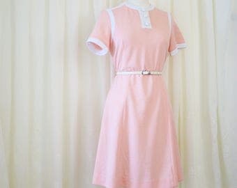 60s Peachy Space Age A-line Scooter Dress, Sixties Mod Shift Dress, Forever Young, Medium 3740