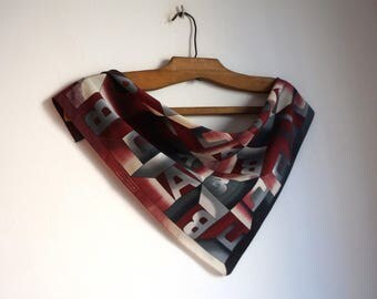 Letters print small square scarf, burgundy, gray and white polyester neck kerchief, bag handle adornment, vintage fashion accessories