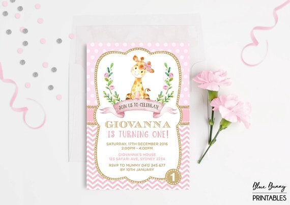 Pink & Gold Giraffe Invitation. Woodland Jungle First 1st Birthday.Pink Stripes Polkadot. ANY AGE. Giraffe Party Invite. Safari Girl. GI4 Il_570xn