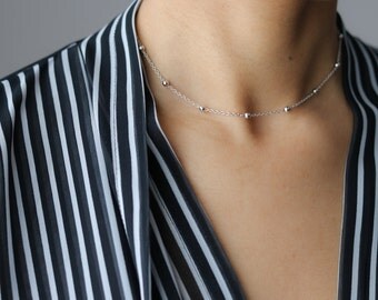 Delicate Silver Necklace - Satellite Bead Necklace - Dainty Silver Choker - Dew Drop Necklace - Bohemian Jewelry - Layering Necklace