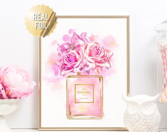 Chanel Art Print - Coco Chanel Perfume Gold Foil Print - Floral Chanel Bottle Fashion Print - Coco Chanel Perfume Watercolor Illustration