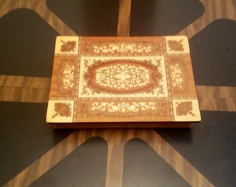 Vintage Wood Inlaid Box | Playing Card Game Box | Jewelry Box for Dresser Top | Men's Accessory Box | Intricate Multi-Colored Wood Inlay