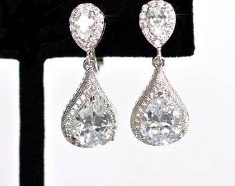 Handmade Pear Cubic Zirconia CZ Waterdrop Dangle Clip-On Bridal Earrings, Bridal, Wedding (Sparkle-2412)