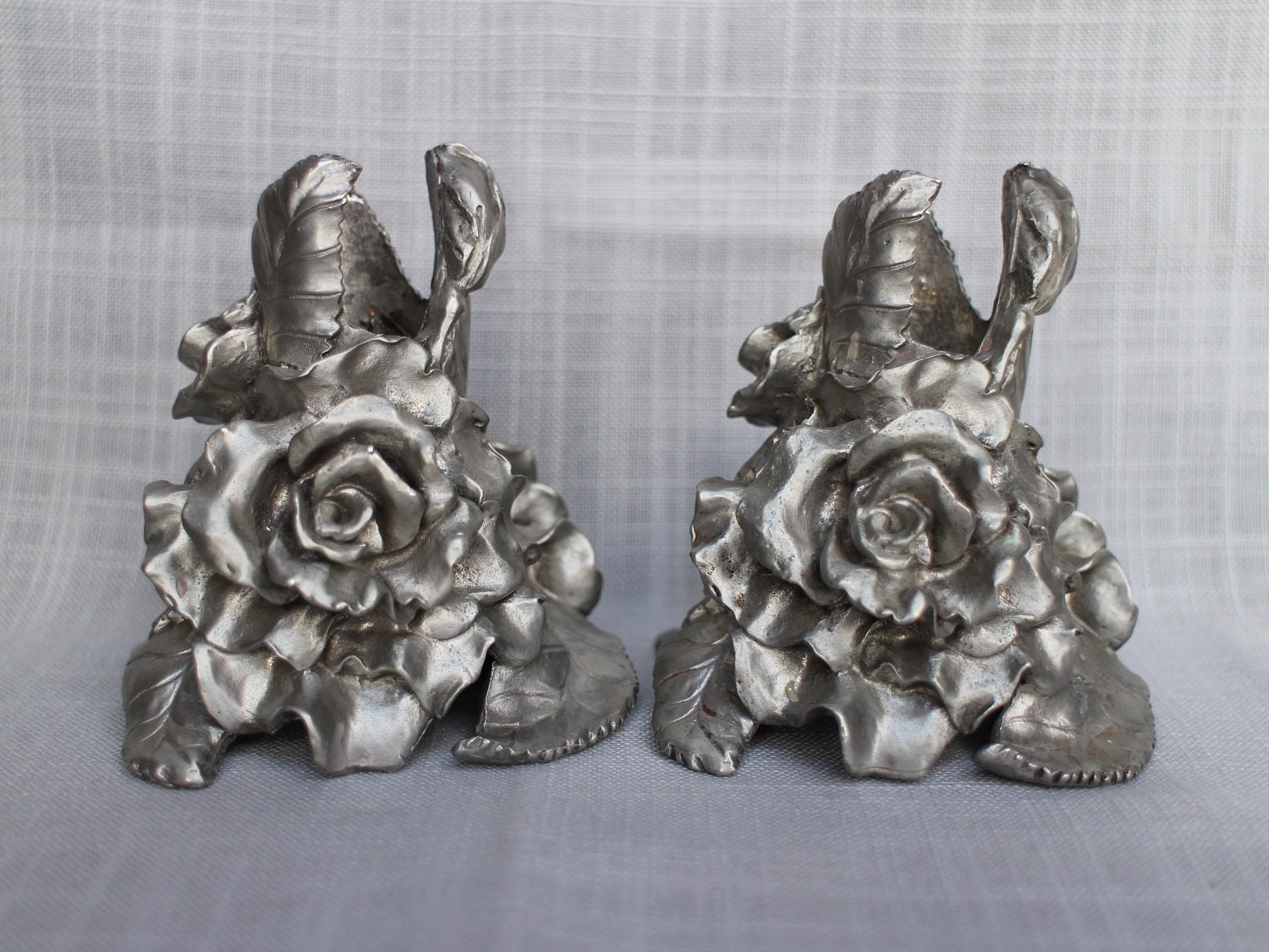 Fantastic Detailed Rose Flower Candle Holders Set of 2 Pewter