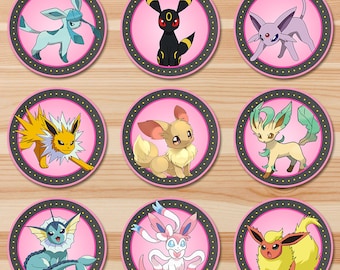 Pokemon Eevee Evolutions Cupcake Toppers - Pink Chalkboard - Girl Pokemon Eevee Toppers - Pokemon Party - Pokemon Sticker Printables